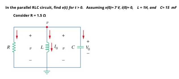 In the parallel RLC circuit, find v(t) for t> 0. Assuming v(0)= 7 V, i(0)= 0, L= 1H, and C= 15 mF
Consider R = 1.5 n
+
R
