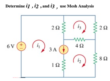 Determine il , i2 , and i3 , use Mesh Analysis
iz
2Ω
6 V
4Ω
ЗА (
8Ω
ww
(+1)
