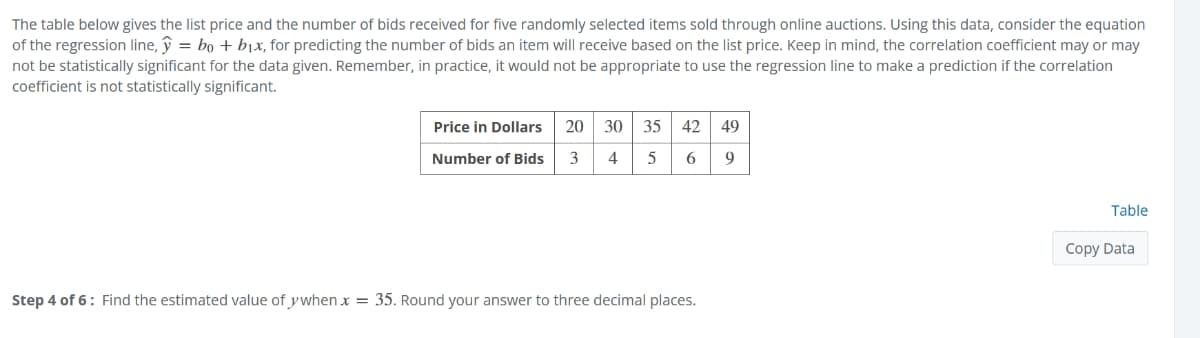 The table below gives the list price and the number of bids received for five randomly selected items sold through online auctions. Using this data, consider the equation
of the regression line, y = bo + bjx, for predicting the number of bids an item will receive based on the list price. Keep in mind, the correlation coefficient may or may
not be statistically significant for the data given. Remember, in practice, it would not be appropriate to use the regression line to make a prediction if the correlation
coefficient is not statistically significant.
Price in Dollars
20 30 35 42 49
Number of Bids
3
4
5
9
Table
Copy Data
Step 4 of 6: Find the estimated value of ywhen x = 35. Round your answer to three decimal places.
