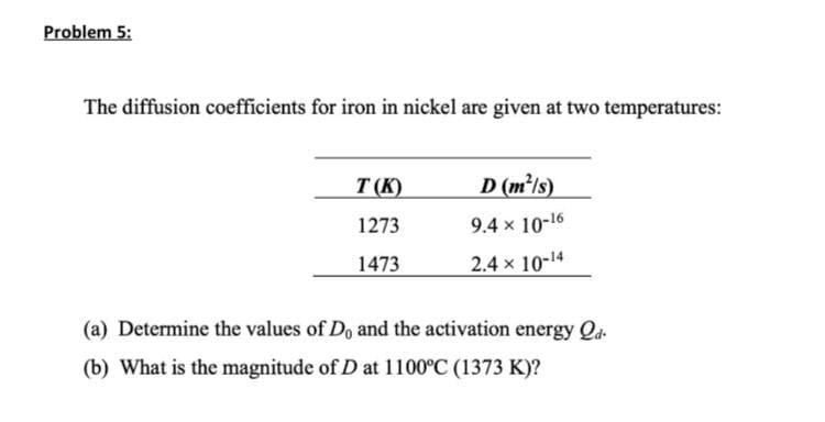 Problem 5:
The diffusion coefficients for iron in nickel are given at two temperatures:
T (K)
D (m²ls)
1273
9.4 x 10-16
1473
2.4 x 10-14
(a) Determine the values of Do and the activation energy Qd-
(b) What is the magnitude of D at 1100°C (1373 K)?
