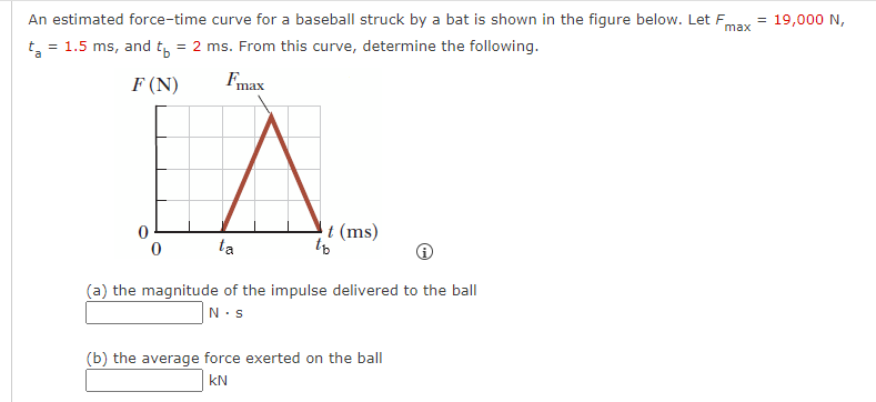 max
An estimated force-time curve for a baseball struck by a bat is shown in the figure below. Let F = 19,000 N,
= 1.5 ms, and t = 2 ms. From this curve, determine the following.
ta
F (N)
Fmax
IA
ta
t (ms)
to
(a) the magnitude of the impulse delivered to the ball
N.S
(b) the average force exerted on the ball
kN