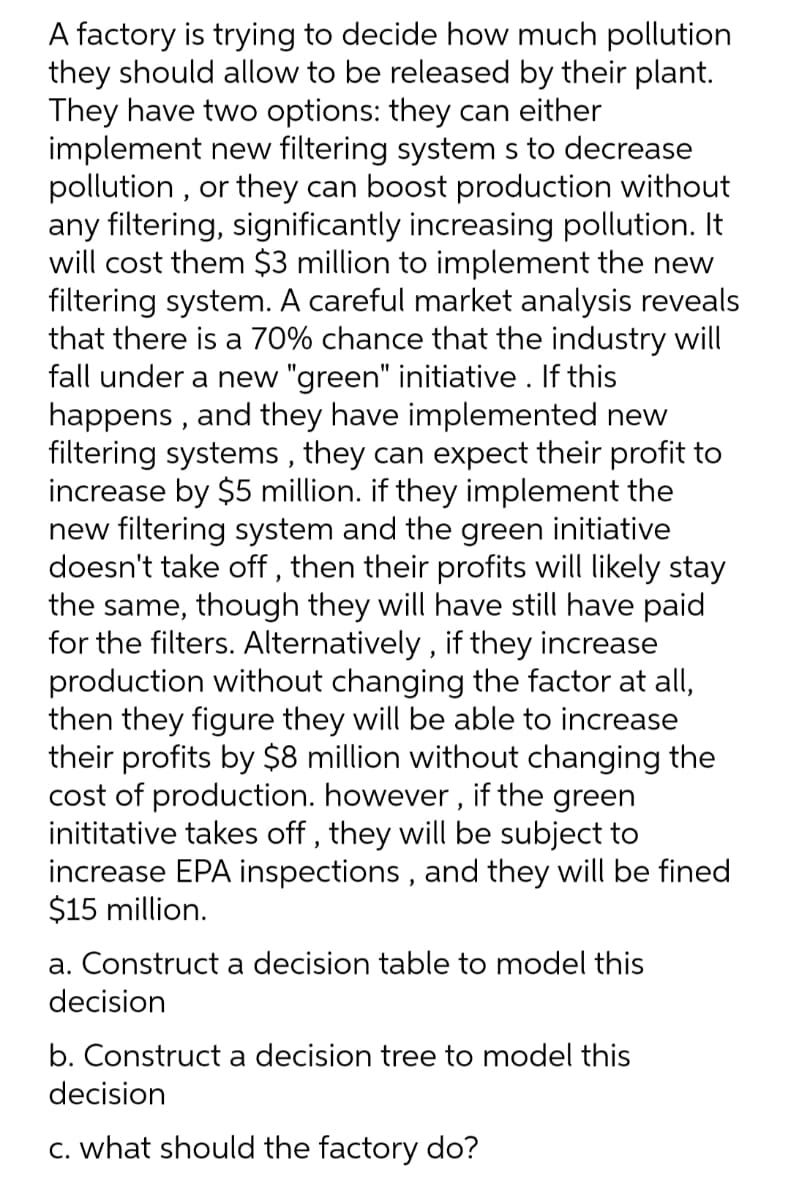 A factory is trying to decide how much pollution
they should allow to be released by their plant.
They have two options: they can either
implement new filtering system s to decrease
pollution, or they can boost production without
any filtering, significantly increasing pollution. It
will cost them $3 million to implement the new
filtering system. A careful market analysis reveals
that there is a 70% chance that the industry will
fall under a new "green" initiative. If this
happens, and they have implemented new
filtering systems, they can expect their profit to
increase by $5 million. if they implement the
new filtering system and the green initiative
doesn't take off, then their profits will likely stay
the same, though they will have still have paid
for the filters. Alternatively, if they increase
production without changing the factor at all,
then they figure they will be able to increase
their profits by $8 million without changing the
cost of production. however, if the green
inititative takes off, they will be subject to
increase EPA inspections, and they will be fined
$15 million.
a. Construct a decision table to model this
decision
b. Construct a decision tree to model this
decision
c. what should the factory do?