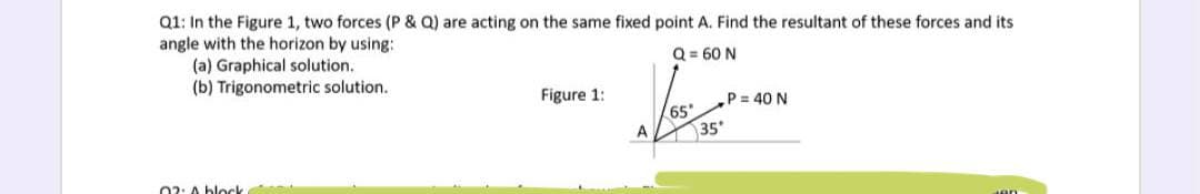 Q1: In the Figure 1, two forces (P & Q) are acting on the same fixed point A. Find the resultant of these forces and its
angle with the horizon by using:
(a) Graphical solution.
(b) Trigonometric solution.
Q = 60 N
Figure 1:
P = 40 N
65"
35
02:A block
