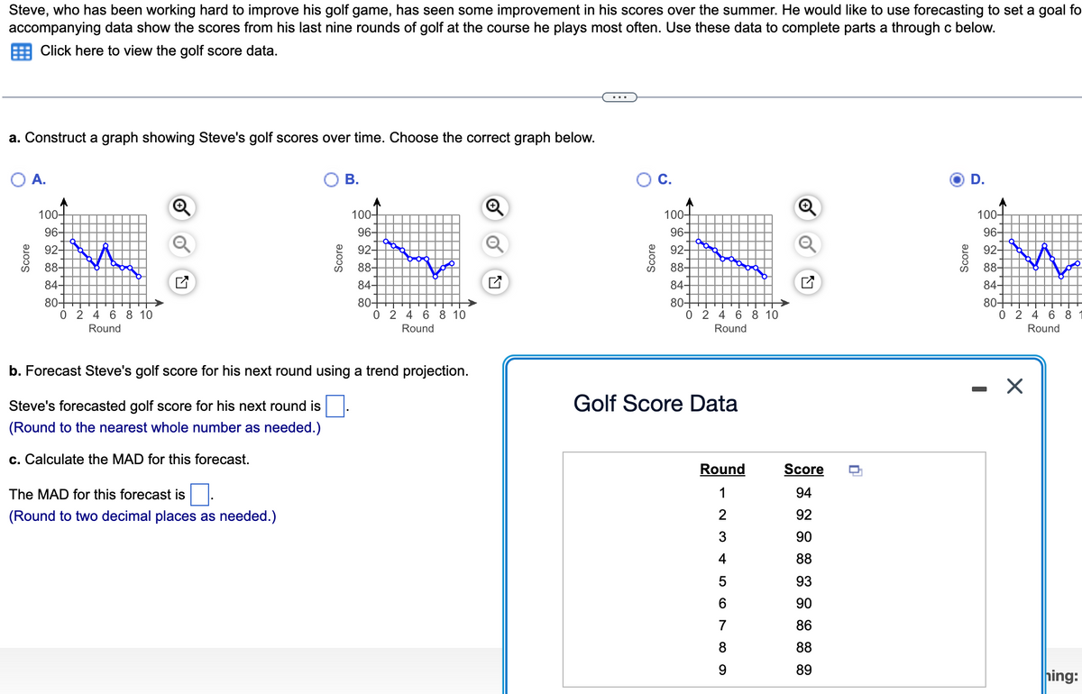 Steve, who has been working hard to improve his golf game, has seen some improvement in his scores over the summer. He would like to use forecasting to set a goal fo
accompanying data show the scores from his last nine rounds of golf at the course he plays most often. Use these data to complete parts a through c below.
Click here to view the golf score data.
a. Construct a graph showing Steve's golf scores over time. Choose the correct graph below.
Score
A.
100-
96-
92+
88-
84-
80-
Mon
02 4 6 8 10
Round
Score
The MAD for this forecast is.
(Round to two decimal places as needed.)
B.
100+
96-
92-
88-
84-
80-
foo
0 24 6 8 10
Round
b. Forecast Steve's golf score for his next round using a trend projection.
Steve's forecasted golf score for his next round is
(Round to the nearest whole number as needed.)
c. Calculate the MAD for this forecast.
O C.
Score
100-
96-
92-
88-
84-
80-
0 2 4 6 8 10
Round
Golf Score Data
Round
1
2
3
4
56789
Score
94
92
90
88
93
90
86
88
89
0
Score
D.
100-
96-
92-
88-
84-
80+
02 4 6 8
Round
I
X
hing: