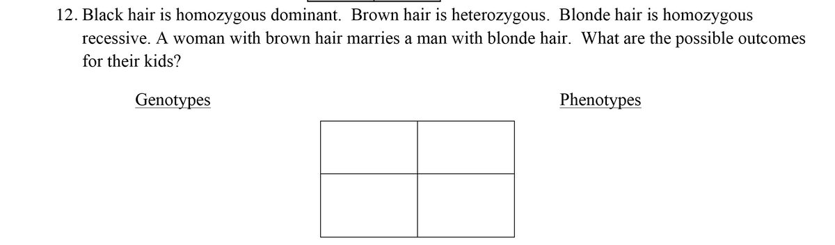 12. Black hair is homozygous dominant. Brown hair is heterozygous. Blonde hair is homozygous
recessive. A woman with brown hair marries a man with blonde hair. What are the possible outcomes
for their kids?
Genotypes
Phenotypes
