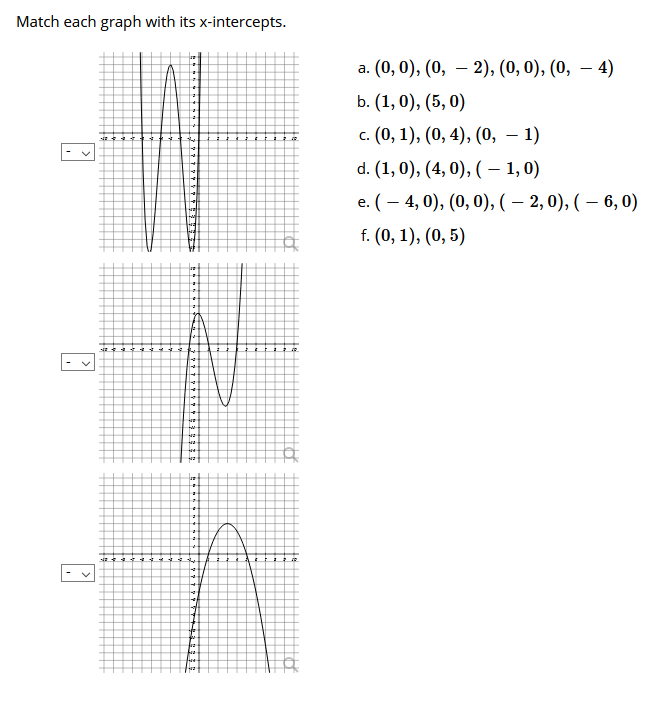 Match each graph with its x-intercepts.
а. (0, 0), (0, — 2), (0, 0), (0, — 4)
b. (1, 0), (5, 0)
6-
с. (0, 1), (0,4), (0, — 1)
d. (1, 0), (4, 0), ( –- 1,0)
e. (– 4, 0), (0, 0), ( – 2, 0), ( – 6, 0)
f. (0, 1), (0, 5)
