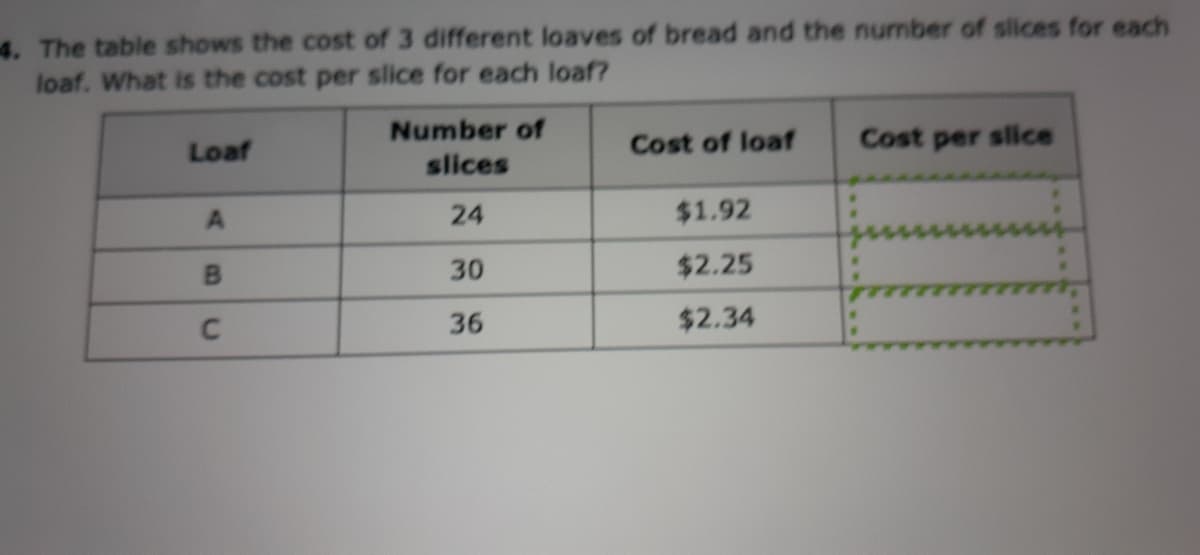 4. The table shows the cost of 3 different loaves of bread and the number of slices for each
loaf. What is the cost per slice for each loaf?
Number of
Cost of loaf
Cost per slice
Loaf
slices
24
$1.92
30
$2.25
36
$2.34
