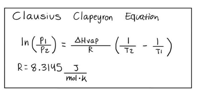 Clausius Clapeyron Equation
In (P) = AH₂P (+2)
ΔΗναρ
- 뉴)
R
R= 8.3145 J
mol.k