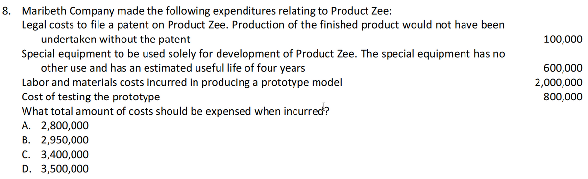 8. Maribeth Company made the following expenditures relating to Product Zee:
Legal costs to file a patent on Product Zee. Production of the finished product would not have been
undertaken without the patent
100,000
Special equipment to be used solely for development of Product Zee. The special equipment has no
other use and has an estimated useful life of four years
Labor and materials costs incurred in producing a prototype model
Cost of testing the prototype
What total amount of costs should be expensed when incurred?
А. 2,800,000
600,000
2,000,000
800,000
В. 2,950,000
С. 3,400,000
D. 3,500,000
