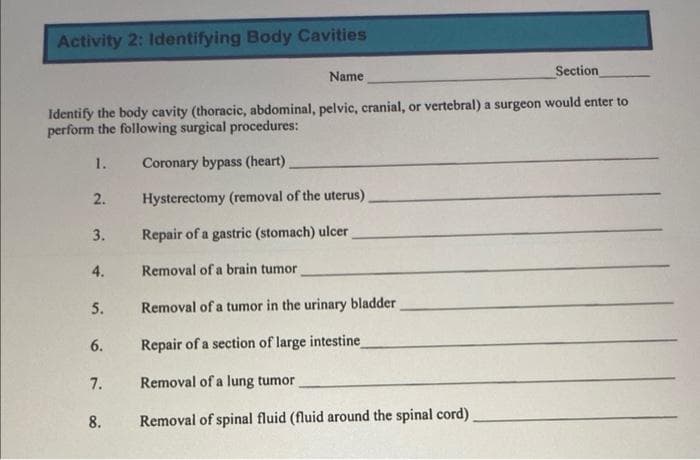 Activity 2: Identifying Body Cavities
1.
Identify the body cavity (thoracic, abdominal, pelvic, cranial, or vertebral) a surgeon would enter to
perform the following surgical procedures:
Coronary bypass (heart)
Hysterectomy (removal of the uterus)
Repair of a gastric (stomach) ulcer
Removal of a brain tumor
Removal of a tumor in the urinary bladder
Repair of a section of large intestine_
Removal of a lung tumor
Removal of spinal fluid (fluid around the spinal cord)
2.
3.
4.
5.
6.
7.
Name
8.
Section