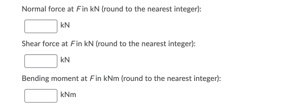 Normal force at Fin kN (round to the nearest integer):
kN
Shear force at Fin kN (round to the nearest integer):
kN
Bending moment at Fin kNm (round to the nearest integer):
kNm
