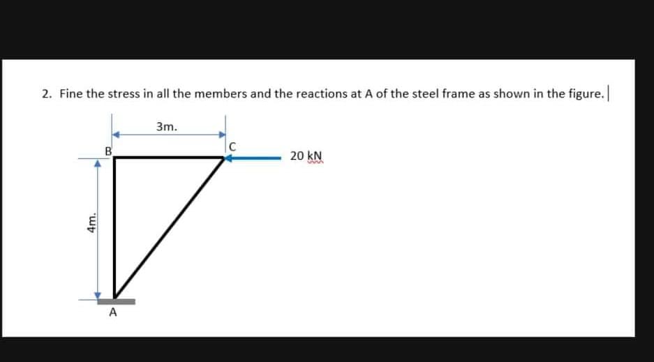 2. Fine the stress in all the members and the reactions at A of the steel frame as shown in the figure.
4m.
B
A
3m.
C
20 kN