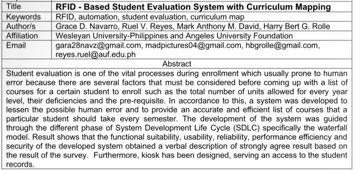 Title
Keywords
Author/s
Affiliation
Email
RFID -Based Student Evaluation System with Curriculum Mapping
RFID, automation, student evaluation, curriculum map
Grace D. Navarro, Ruel V. Reyes, Mark Anthony M. David, Harry Bert G. Rolle
Wesleyan University-Philippines and Angeles University Foundation
madpictures04@gmail.com,
hbgrolle@gmail.com,
gara28navz@gmail.com,
reyes.ruel@auf.edu.ph
Abstract
Student evaluation is one of the vital processes during enrollment which usually prone to human
error because there are several factors that must be considered before coming up with a list of
courses for a certain student to enroll such as the total number of units allowed for every year
level, their deficiencies and the pre-requisite. In accordance to this, a system was developed to
lessen the possible human error and to provide an accurate and efficient list of courses that a
particular student should take every semester. The development of the system was guided
through the different phase of System Development Life Cycle (SDLC) specifically the waterfall
model. Result shows that the functional suitability, usability, reliability, performance efficiency and
security of the developed system obtained a verbal description of strongly agree result based on
the result of the survey. Furthermore, kiosk has been designed, serving an access to the student
records.