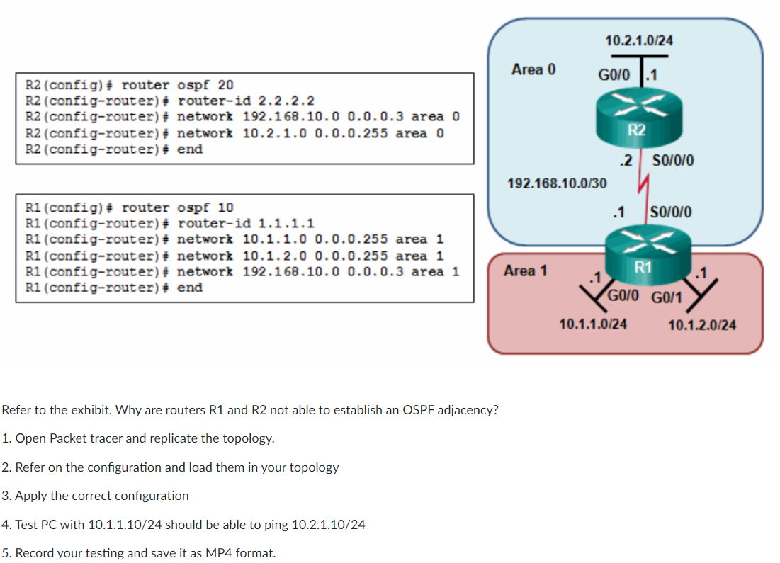 R2(config)# router ospf 20
R2(config-router) # router-id 2.2.2.2
R2(config-router) # network 192.168.10.0 0.0.0.3 area 0
R2(config-router) # network 10.2.1.0 0.0.0.255 area 0
R2(config-router) # end
R1(config)# router ospf 10
R1(config-router) # router-id 1.1.1.1
R1(config-router) # network 10.1.1.0 0.0.0.255 area 1
R1(config-router) # network 10.1.2.0 0.0.0.255 area 1
R1(config-router) # network 192.168.10.0 0.0.0.3 area 1
R1(config-router) # end
Refer to the exhibit. Why are routers R1 and R2 not able to establish an OSPF adjacency?
1. Open Packet tracer and replicate the topology.
2. Refer on the configuration and load them in your topology
3. Apply the correct configuration
4. Test PC with 10.1.1.10/24 should be able to ping 10.2.1.10/24
5. Record your testing and save it as MP4 format.
Area 0
10.2.1.0/24
GO/0.1
192.168.10.0/30
Area 1
.2 S0/0/0
.1
R2
10.1.1.0/24
SO/0/0
R1
GO/O G0/1
.1
10.1.2.0/24