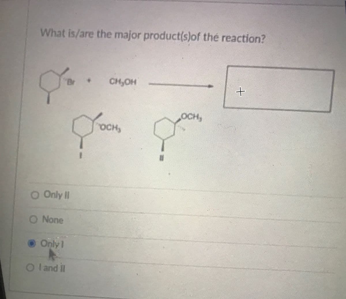 What is/are the major product(s)of thé reaction?
Br
CH,OH
осн,
OCH,
Only II
O None
Only1
O land il
