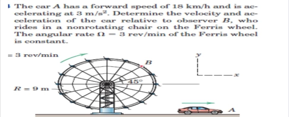 I The car A has a forward speed of 18 km/h and is ac-
celerating at 3 m/s². Determine the velocity and ac-
celeration of the car relative to observer B, who
rides in a nonrotating chair on the Ferris wheel.
The angular rate N = 3 rev/min of the Ferris wheel
is constant.
= 3 rev/min
B
45°
R= 9 m
