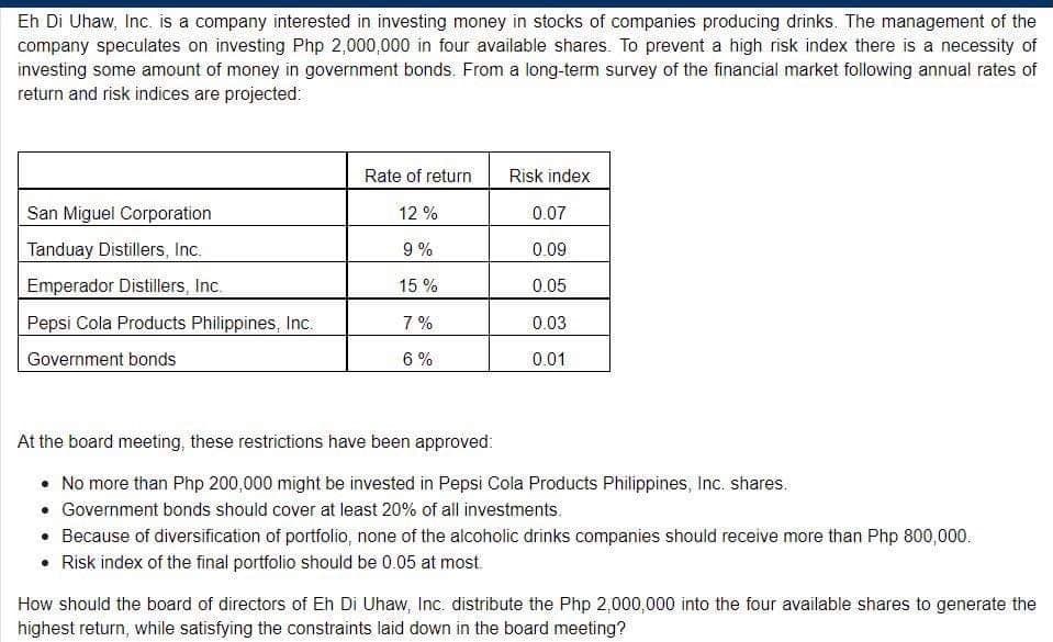 Eh Di Uhaw, Inc. is a company interested in investing money in stocks of companies producing drinks. The management of the
company speculates on investing Php 2,000,000 in four available shares. To prevent a high risk index there is a necessity of
investing some amount of money in government bonds. From a long-term survey of the financial market following annual rates of
return and risk indices are projected:
Rate of return
Risk index
San Miguel Corporation
12 %
0.07
Tanduay Distillers, Inc.
9 %
0.09
Emperador Distillers, Inc.
15 %
0.05
Pepsi Cola Products Philippines, Inc.
7 %
0.03
Government bonds
6 %
0.01
At the board meeting, these restrictions have been approved:
• No more than Php 200,000 might be invested in Pepsi Cola Products Philippines, Inc. shares.
• Government bonds should cover at least 20% of all investments.
• Because of diversification of portfolio, none of the alcoholic drinks companies should receive more than Php 800,000.
• Risk index of the final portfolio should be 0.05 at most
How should the board of directors of Eh Di Uhaw, Inc. distribute the Php 2,000,000 into the four available shares to generate the
highest return, while satisfying the constraints laid down in the board meeting?
