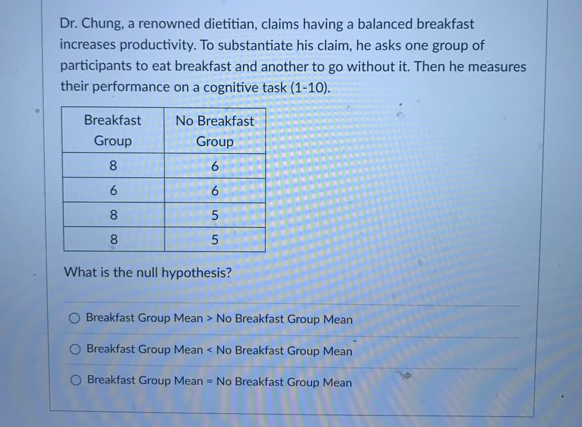 Dr. Chung, a renowned dietitian, claims having a balanced breakfast
increases productivity. To substantiate his claim, he asks one group of
participants to eat breakfast and another to go without it. Then he measures
their performance on a cognitive task (1-10).
Breakfast
Group
8
6
8
8
No Breakfast
Group
6
6
5
5
What is the null hypothesis?
Breakfast Group Mean > No Breakfast Group Mean
Breakfast Group Mean < No Breakfast Group Mean
O Breakfast Group Mean = No Breakfast Group Mean