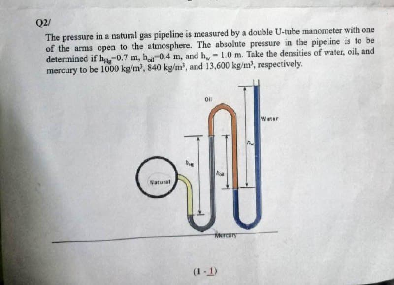 Q2/
The pressure in a natural gas pipeline is measured by a double U-tube manometer with one
of the arms open to the atmosphere. The absolute pressure in the pipeline is to be
determined if hy-0.7 m, h-0.4 m, and h-1.0 m. Take the densities of water, oil, and
mercury to be 1000 kg/m2, 840 kg/m, and 13,600 kg/m2, respectively.
Oil
Water
ho
Natural
Mercury
(1-1)
