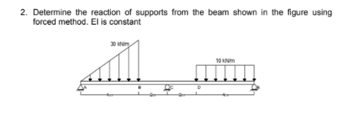 2. Determine the reaction of supports from the beam shown in the figure using
forced method. El is constant
30 KNim
10 KNm
