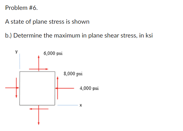 Problem #6.
A state of plane stress is shown
b.) Determine the maximum in plane shear stress, in ksi
Y
т
6,000 psi
8,000 psi
4,000 psi
