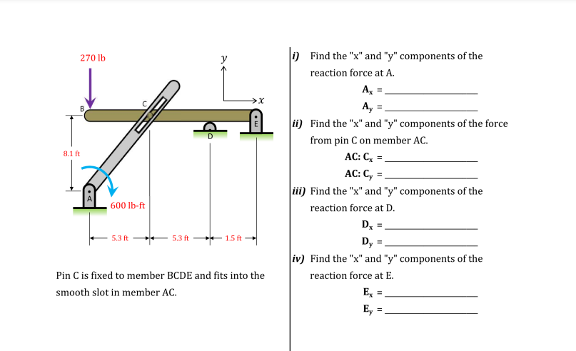 270 lb
8.1 ft
17
600 lb-ft
5.3 ft
D
5.3 ft 1.5 ft
>X
Pin C is fixed to member BCDE and fits into the
smooth slot in member AC.
i) Find the "x" and "y" components of the
reaction force at A.
Ax =
Ay =
ii) Find the "x" and "y" components of the force
from pin C on member AC.
AC: C₂ =
AC: Cy=
iii) Find the "x" and "y" components of the
reaction force at D.
Dx =
Dy =
iv) Find the "x" and "y" components of the
reaction force at E.
Ex =
Ey =