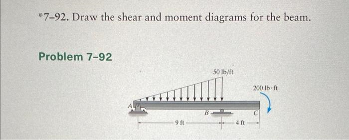 *7-92. Draw the shear and moment diagrams for the beam.
Problem 7-92
-9 ft
B
50 lb/ft
200 lb-ft