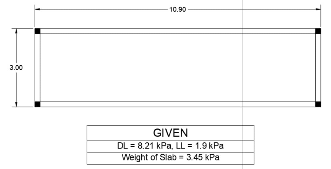 10.90
3.00
GIVEN
DL = 8.21 kPa, LL = 1.9 kPa
Weight of Slab = 3.45 kPa
%3D
%3D
