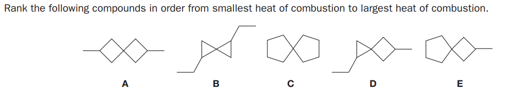 Rank the following compounds in order from smallest heat of combustion to largest heat of combustion.
A
В
C
