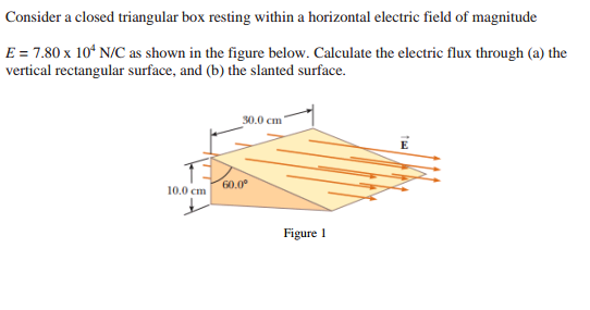 Consider a closed triangular box resting within a horizontal electric field of magnitude
E = 7.80 x 10¹ N/C as shown in the figure below. Calculate the electric flux through (a) the
vertical rectangular surface, and (b) the slanted surface.
30.0 cm
10.0 cm
60.0⁰
Figure 1