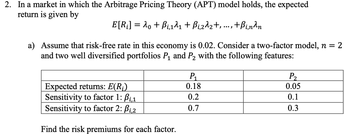 2. In a market in which the Arbitrage Pricing Theory (APT) model holds, the expected
return is given by
E[R;] = 20 + ßi,1λ₁ + ßi,2λ2+, ..., +ßi,nλn
a) Assume that risk-free rate in this economy is 0.02. Consider a two-factor model, n = 2
and two well diversified portfolios P₁ and P2 with the following features:
P1
P2
Expected returns: E(R₁)
0.18
0.05
Sensitivity to factor 1: ẞi,1
0.2
0.1
Sensitivity to factor 2: ẞi,2
0.7
0.3
Find the risk premiums for each factor.