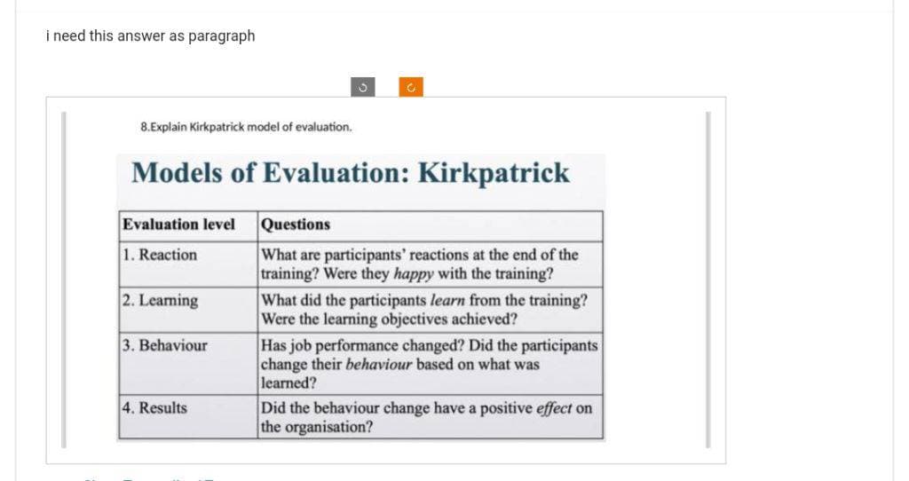 i need this answer as paragraph
8.Explain Kirkpatrick model of evaluation.
Models of Evaluation: Kirkpatrick
Evaluation level
1. Reaction
2. Learning
3. Behaviour
C
4. Results
Questions
What are participants' reactions at the end of the
training? Were they happy with the training?
What did the participants learn from the training?
Were the learning objectives achieved?
Has job performance changed? Did the participants
change their behaviour based on what was
learned?
Did the behaviour change have a positive effect on
the organisation?