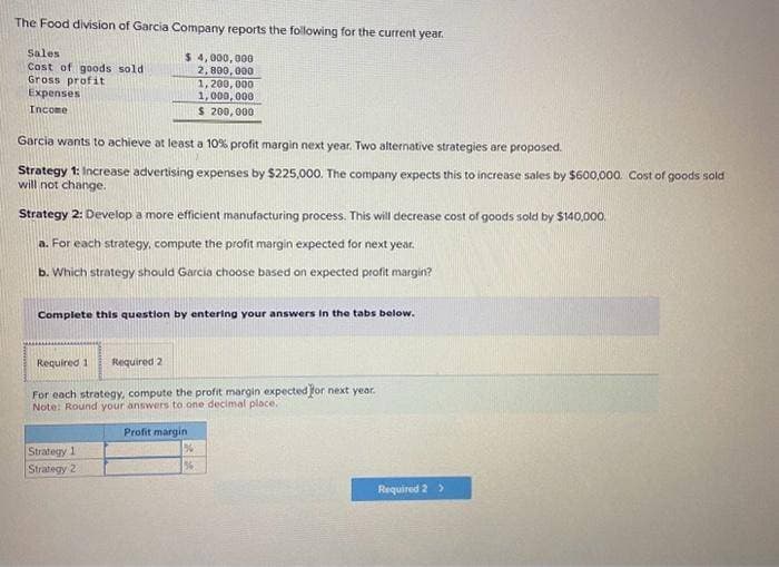 The Food division of Garcia Company reports the following for the current year.
Sales
Cost of goods sold
Gross profit
Expenses
Income
$4,000,000
2,800,000
1,200,000
1,000,000
$ 200,000
Garcia wants to achieve at least a 10% profit margin next year. Two alternative strategies are proposed.
Strategy 1: Increase advertising expenses by $225,000. The company expects this to increase sales by $600,000. Cost of goods sold
will not change.
Strategy 2: Develop a more efficient manufacturing process. This will decrease cost of goods sold by $140,000.
a. For each strategy, compute the profit margin expected for next year.
b. Which strategy should Garcia choose based on expected profit margin?
Complete this question by entering your answers in the tabs below.
Required 1 Required 2
For each strategy, compute the profit margin expected for next year.
Note: Round your answers to one decimal place.
Strategy 1
Strategy 2
Profit margin
Required 2 >