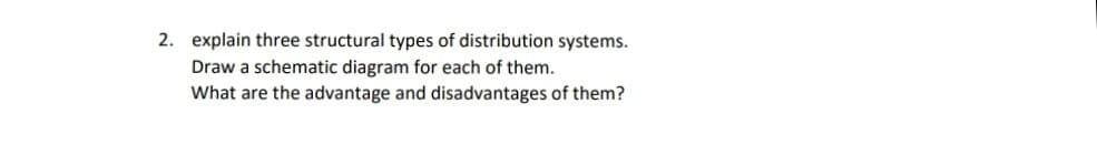 2. explain three structural types of distribution systems.
Draw a schematic diagram for each of them.
What are the advantage and disadvantages of them?