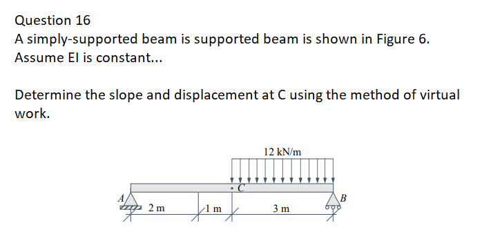 Question 16
A simply-supported beam is supported beam is shown in Figure 6.
Assume El is constant...
Determine the slope and displacement at C using the method of virtual
work.
topp
2m
12 kN/m
3 m
B