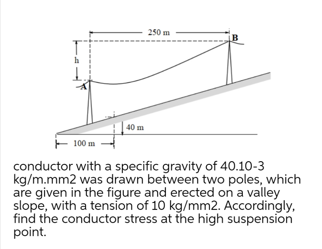 250 m
B
40 m
100 m
conductor with a specific gravity of 40.10-3
kg/m.mm2 was drawn between two poles, which
are given in the figure and erected on a valley
slope, with a tension of 10 kg/mm2. Accordingly,
find the conductor stress at the high suspension
point.
