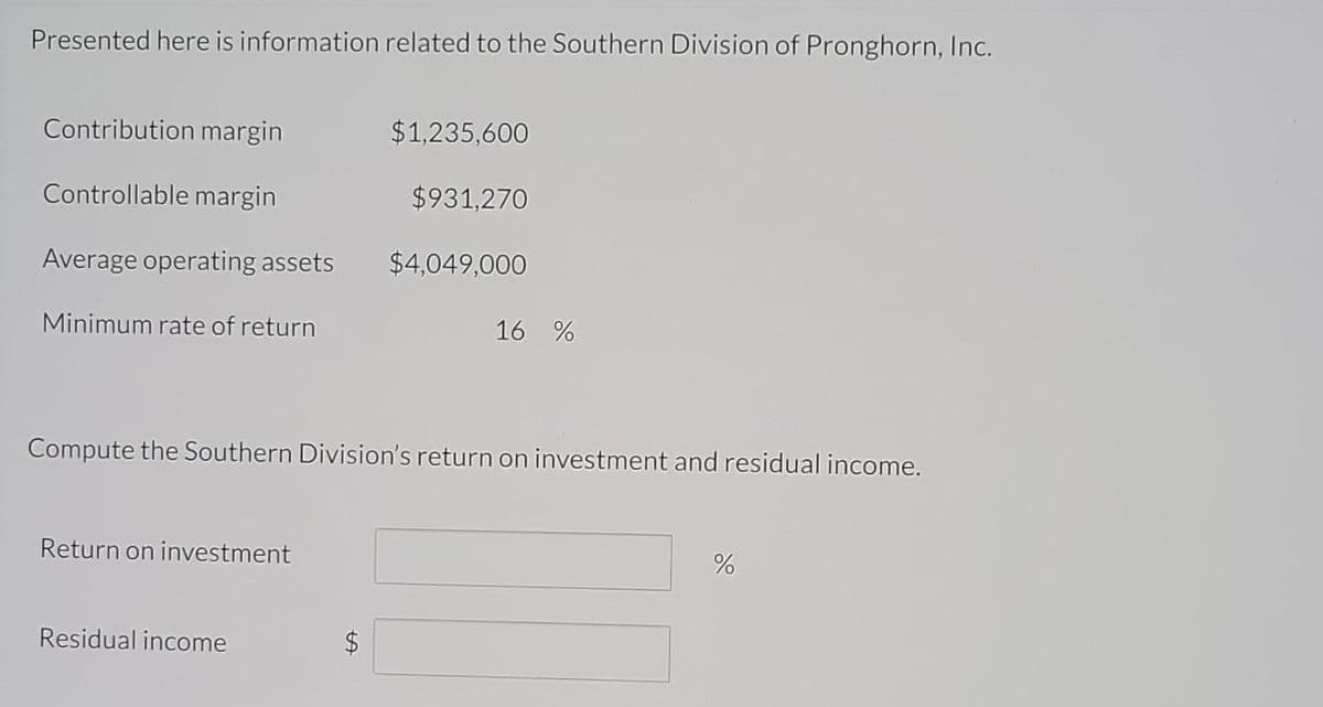 Presented here is information related to the Southern Division of Pronghorn, Inc.
Contribution margin
Controllable margin
Average operating assets
Minimum rate of return
Return on investment
Compute the Southern Division's return on investment and residual income.
Residual income
$1,235,600
$931,270
$4,049,000
$
16 %
%