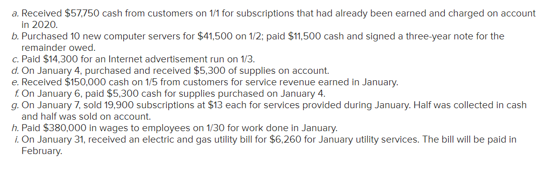 a. Received $57,750 cash from customers on 1/1 for subscriptions that had already been earned and charged on account
in 2020.
b. Purchased 10 new computer servers for $41,500 on 1/2; paid $11,500 cash and signed a three-year note for the
remainder owed.
c. Paid $14,300 for an Internet advertisement run on 1/3.
d. On January 4, purchased and received $5,300 of supplies on account.
e. Received $150,000 cash on 1/5 from customers for service revenue earned in January.
f. On January 6, paid $5,300 cash for supplies purchased on January 4.
g. On January 7, sold 19,900 subscriptions at $13 each for services provided during January. Half was collected in cash
and half was sold on account.
h. Paid $380,000 in wages to employees on 1/30 for work done in January.
i. On January 31, received an electric and gas utility bill for $6,260 for January utility services. The bill will be paid in
February.