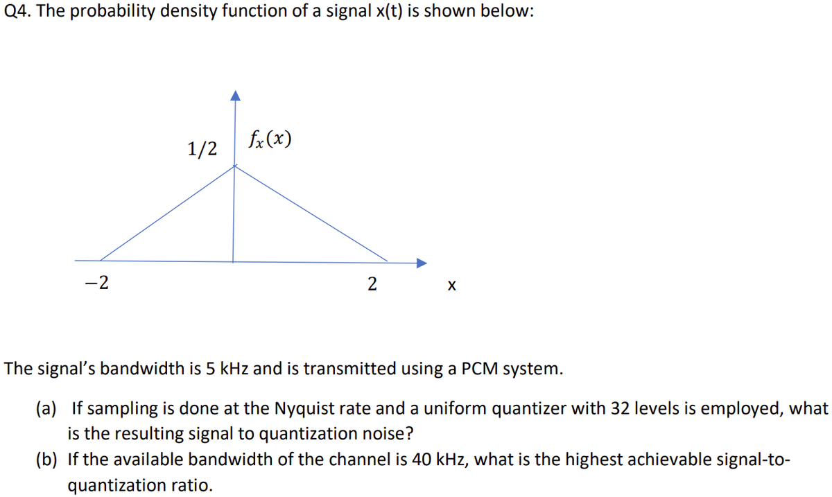 Q4. The probability density function of a signal x(t) is shown below:
-2
1/2
fx (x)
2
X
The signal's bandwidth is 5 kHz and is transmitted using a PCM system.
(a) If sampling is done at the Nyquist rate and a uniform quantizer with 32 levels is employed, what
is the resulting signal to quantization noise?
(b) If the available bandwidth of the channel is 40 kHz, what is the highest achievable signal-to-
quantization ratio.