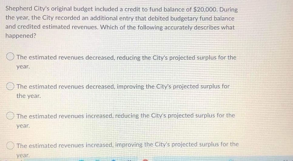 Shepherd City's original budget included a credit to fund balance of $20,000. During
the year, the City recorded an additional entry that debited budgetary fund balance
and credited estimated revenues. Which of the following accurately describes what
happened?
The estimated revenues decreased, reducing the City's projected surplus for the
year.
The estimated revenues decreased, improving the City's projected surplus for
the year.
The estimated revenues increased, reducing the City's projected surplus for the
year.
The estimated revenues increased, improving the City's projected surplus for the
year.