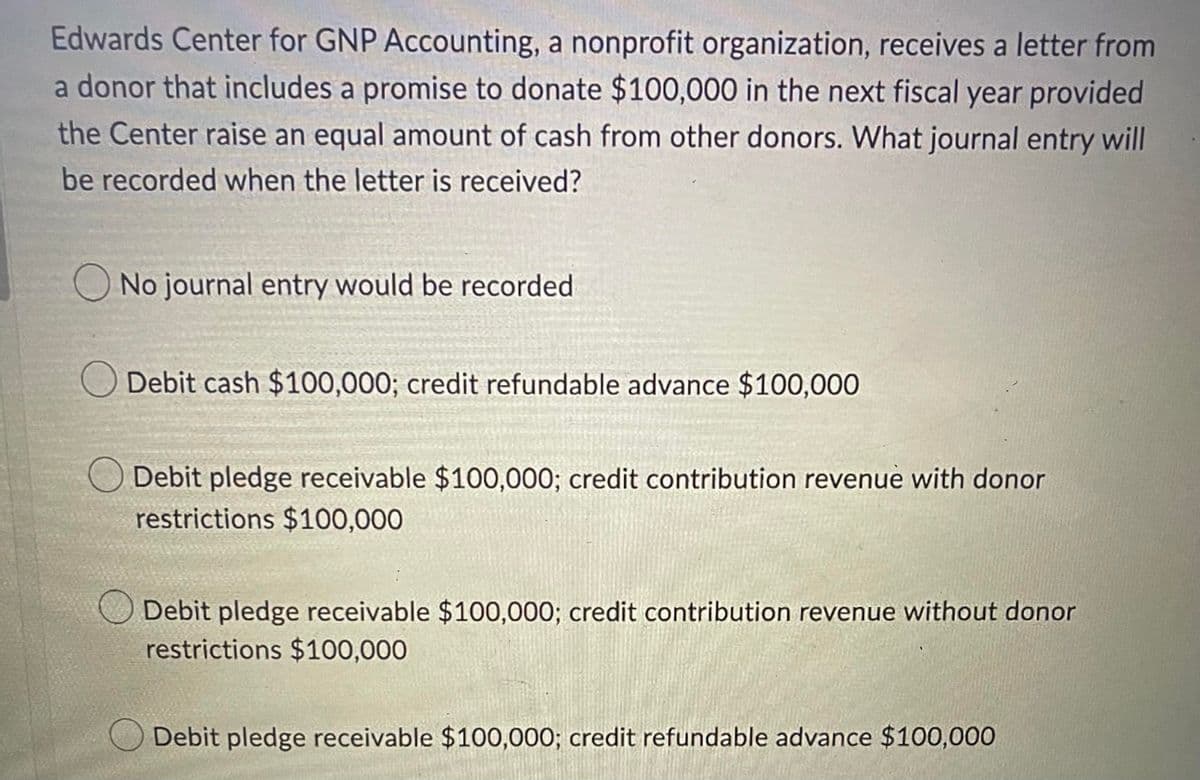 Edwards Center for GNP Accounting, a nonprofit organization, receives a letter from
a donor that includes a promise to donate $100,000 in the next fiscal year provided
the Center raise an equal amount of cash from other donors. What journal entry will
be recorded when the letter is received?
No journal entry would be recorded.
Debit cash $100,000; credit refundable advance $100,000
Debit pledge receivable $100,000; credit contribution revenue with donor
restrictions $100,000
Debit pledge receivable $100,000; credit contribution revenue without donor
restrictions $100,000
Debit pledge receivable $100,000; credit refundable advance $100,000