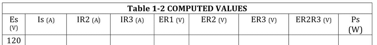 Table 1-2 COMPUTED VALUES
ER2 (V)
ER3 (V)
ER2R3 (V)
Ps
Is (A)
IR2 (A)
IR3 (A)
ER1 (V)
(W)
Es
(V)
120
