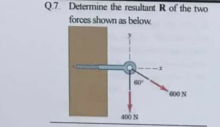Q.7. Determine the resultant R of the two
forces shown as below.
60
600 N
400 N

