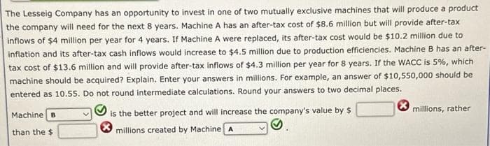 The Lesseig Company has an opportunity to invest in one of two mutually exclusive machines that will produce a product
the company will need for the next 8 years. Machine A has an after-tax cost of $8.6 million but will provide after-tax
inflows of $4 million per year for 4 years. If Machine A were replaced, its after-tax cost would be $10.2 million due to
inflation and its after-tax cash inflows would increase to $4.5 million due to production efficiencies. Machine B has an after-
tax cost of $13.6 million and will provide after-tax inflows of $4.3 million per year for 8 years. If the WACC is 5%, which
machine should be acquired? Explain. Enter your answers in millions. For example, an answer of $10,550,000 should be
entered as 10.55. Do not round intermediate calculations. Round your answers to two decimal places.
Machine B
than the $
is the better project and will increase the company's value by $
millions created by Machine A
millions, rather