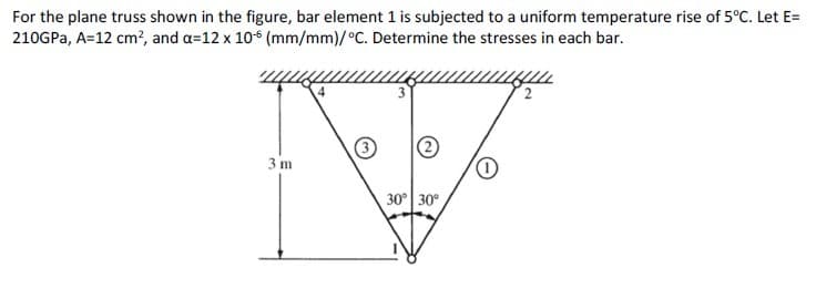 For the plane truss shown in the figure, bar element 1 is subjected to a uniform temperature rise of 5°C. Let E=
210GPa, A=12 cm², and a=12 x 10-6 (mm/mm)/°C. Determine the stresses in each bar.
3 m
3
30° 30°
0