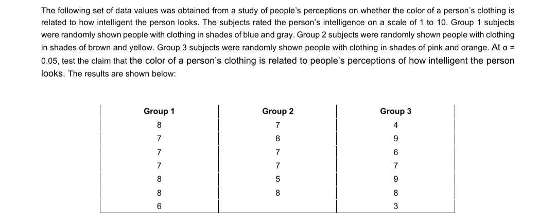 The following set of data values was obtained from a study of people's perceptions on whether the color of a person's clothing is
related to how intelligent the person looks. The subjects rated the person's intelligence on a scale of 1 to 10. Group 1 subjects.
were randomly shown people with clothing in shades of blue and gray. Group 2 subjects were randomly shown people with clothing
in shades of brown and yellow. Group 3 subjects were randomly shown people with clothing in shades of pink and orange. At a =
0.05, test the claim that the color of a person's clothing is related to people's perceptions of how intelligent the person
looks. The results are shown below:
Group 1
Group 2
Group 3
8
7
4
7
8
7
7
7
7
8
5
8
8
6
9
6
7
9
8
3