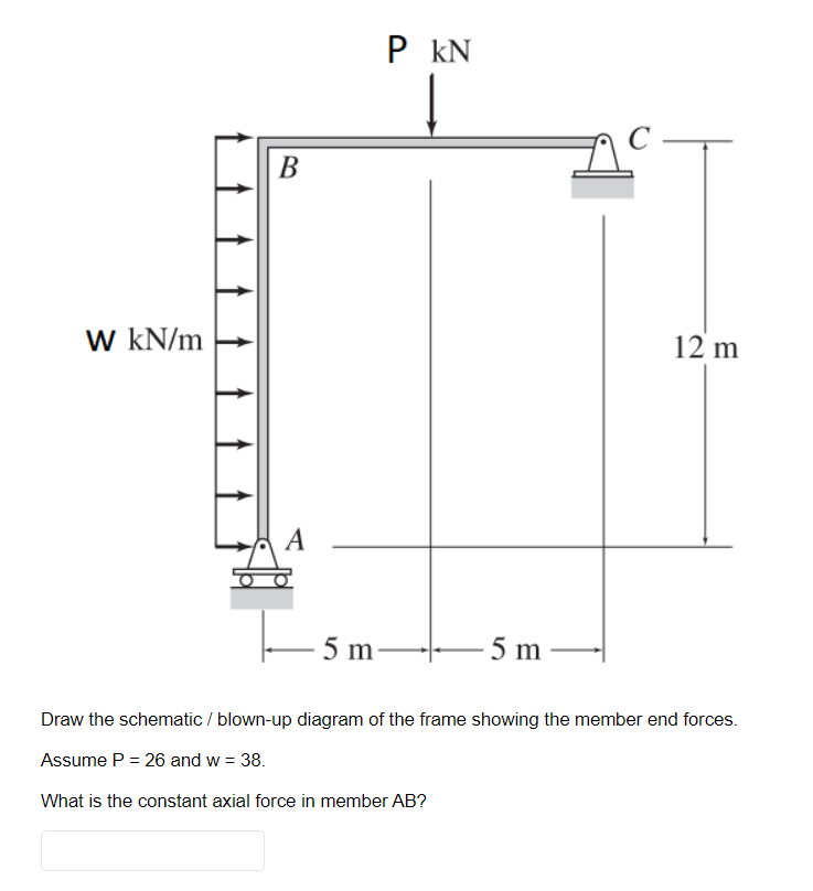 P kN
В
W kN/m
12 m
A
5 m
5 m
Draw the schematic / blown-up diagram of the frame showing the member end forces.
Assume P = 26 and w = 38.
What is the constant axial force in member AB?
