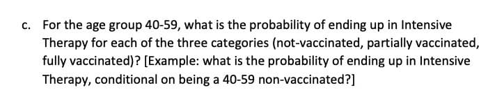 c. For the age group 40-59, what is the probability of ending up in Intensive
Therapy for each of the three categories (not-vaccinated, partially vaccinated,
fully vaccinated)? [Example: what is the probability of ending up in Intensive
Therapy, conditional on being a 40-59 non-vaccinated?]
