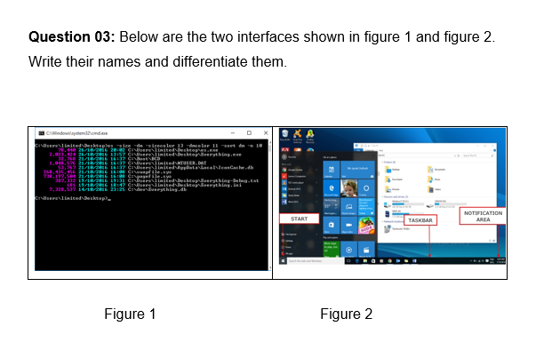 Question 03: Below are the two interfaces shown in figure 1 and figure 2.
Write their names and differentiate them.
Coindowytemonde
CIserlindted Desktope ire dn izece lor 13 dncelar 11
2. 2 17 GierlinitedDesktopverything.e
14.S% 21/18/216 639 C sTiniteduHTUEER.DAT
? erlinitedbataaalenCahedh
2,192.Se 21/18/26 160 CI itile.m
7,12 191 19:31 Cbrlinitedesktaperything-bebg.cxt
11 19/18/2016 147 CI linitedbesktonverythins.lai
7,22.š 14i8/ 23:2 Civdeverything.db
serliaitedsktap.
NOTIFICATION
START
TASKBAR
AREA
Figure 1
Figure 2
