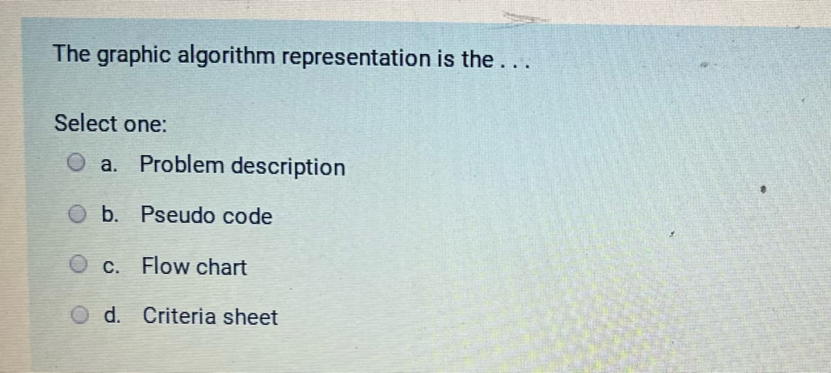 The graphic algorithm representation is the ...
Select one:
O a. Problem description
Ob. Pseudo code
c.
Flow chart
d. Criteria sheet
O